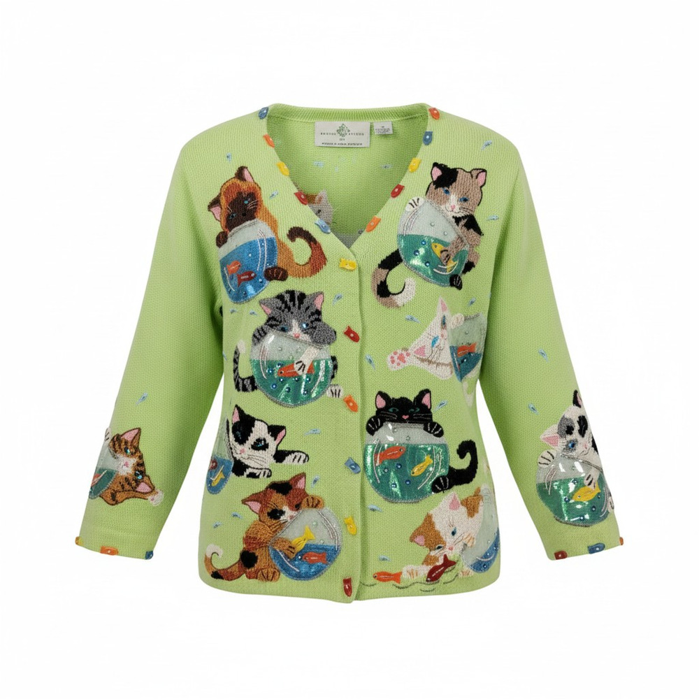 Vintage Philip Jane Gordon Cat Fish Bowl Novelty Cardigan Sweater M